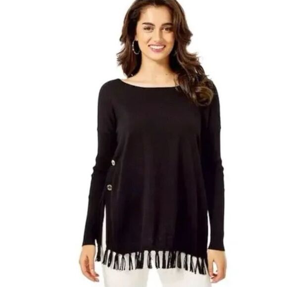 Beautiful Lilly Pulitzer Ramona Fringe Sweater Black Gold Buttons Cotton Blend S - Picture 2 of 16